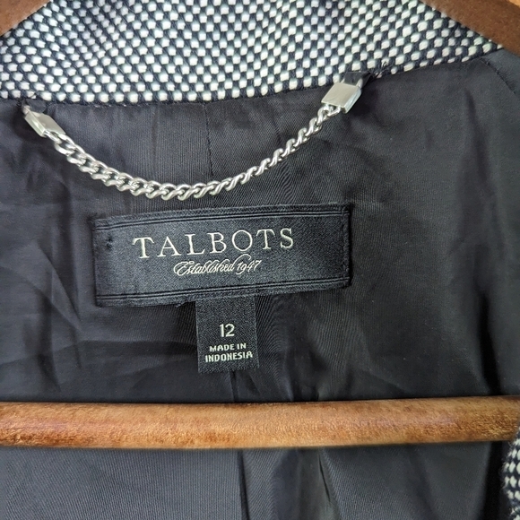Talbots Blazer 12 Large Tweed Black White One Button Cuffed Cotton Crop Pleated - Picture 3 of 13
